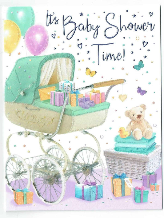 Baby Shower Card With Pram And Teddy Design With Glitter