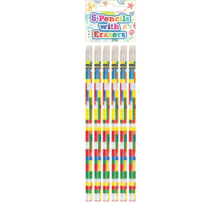 6 Pack Bricks Full Size Pencil With Eraser
