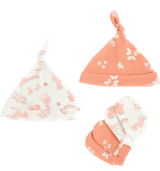 Pink Butterfly Print Hat and Scratch Mittens Set 2 Pack