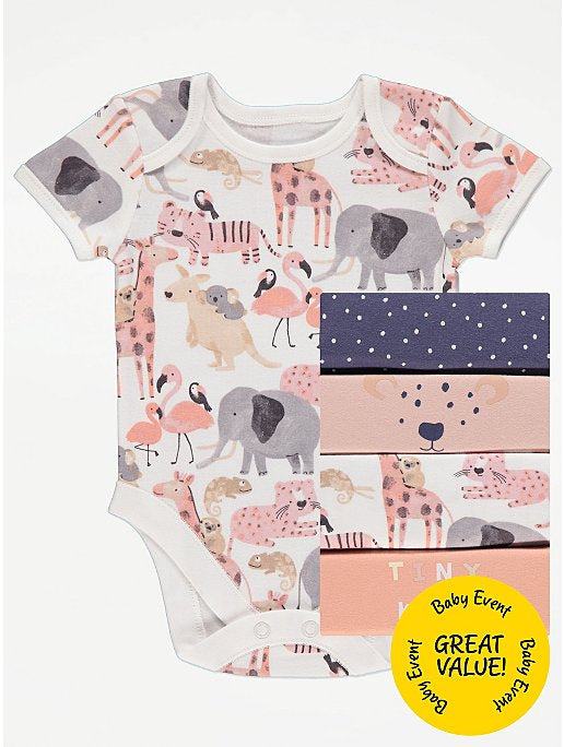 Pink Safari Print Bodysuits - 5 Packs