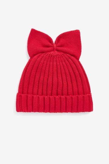 Knitted Red Bow Baby Hat, 0 - 3M