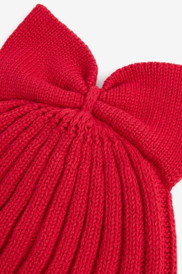 Knitted Red Bow Baby Hat, 0 - 3M