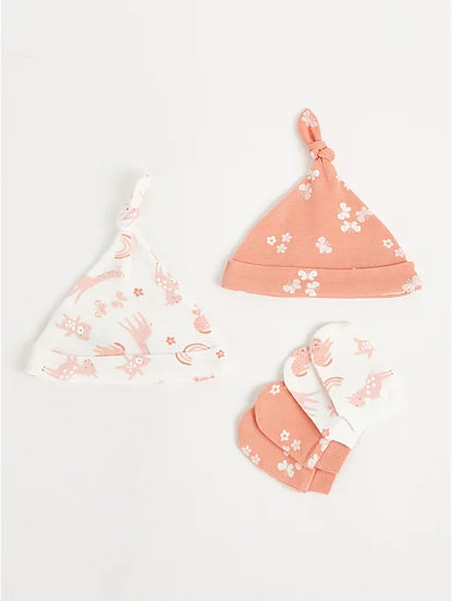 Pink Butterfly Print Hat and Scratch Mittens Set 2 Pack
